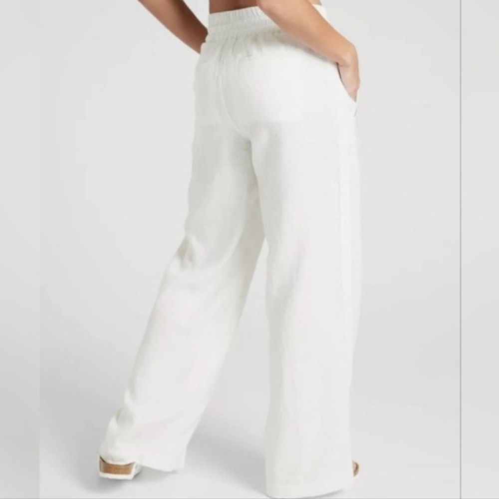 Athleta Cabo 100% Linen Wide Leg Pants Elastic waist Zip pockets, White, size 0 - Picture 2 of 15